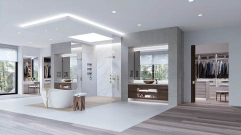  A bathroom featuring a Lutron ceiling light bar and other light fixtures. 