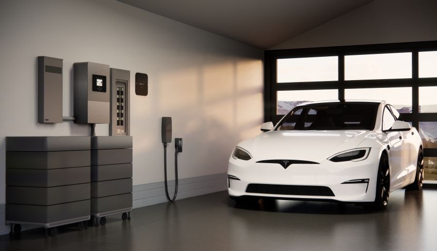 A white car and an electric vehicle charging station in a home’s garage. 