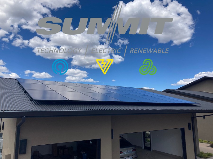A luxury home with solar panels installed on the ceiling with the Summit Technology logo overlaid on the sky.