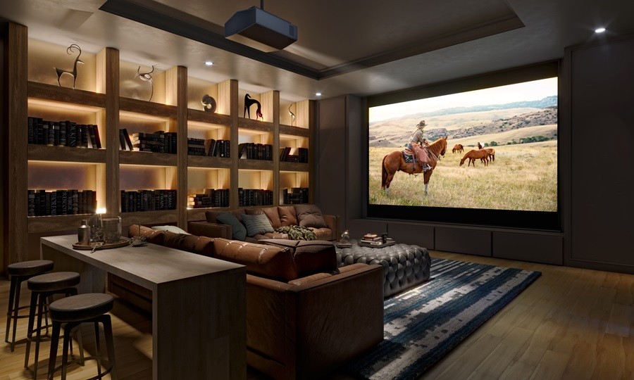 A luxury home theater displaying a western movie.